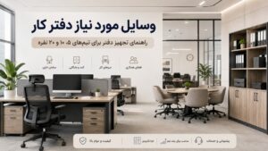 وسایل مورد نیاز دفترکار شامل میز اداری، صندلی، کمد و فضای جلسه
